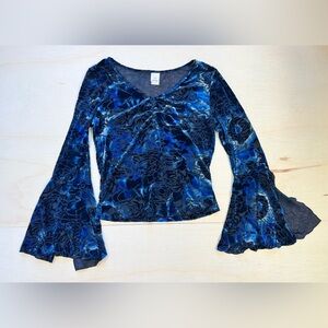 VTG Newport Burnout Velvet Rose Bell Sleeve Top Blue XL Whimsigoth Renaissance